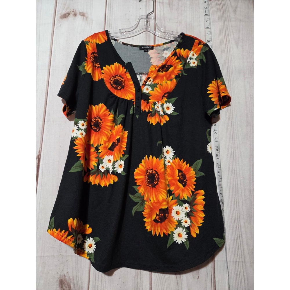 a.Jesdani‎ Women's L Black Orange Sunflower Daisy V Neck Short Sleeve Tunic Top
